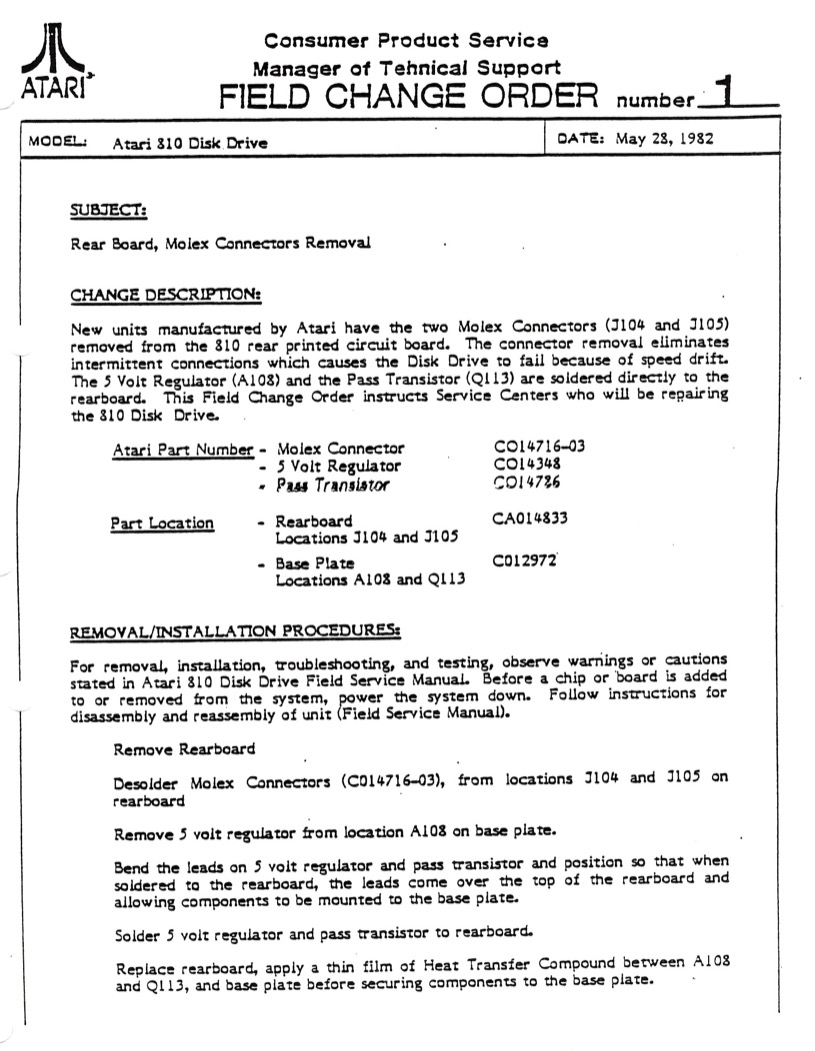 Atari Field Change Order 1