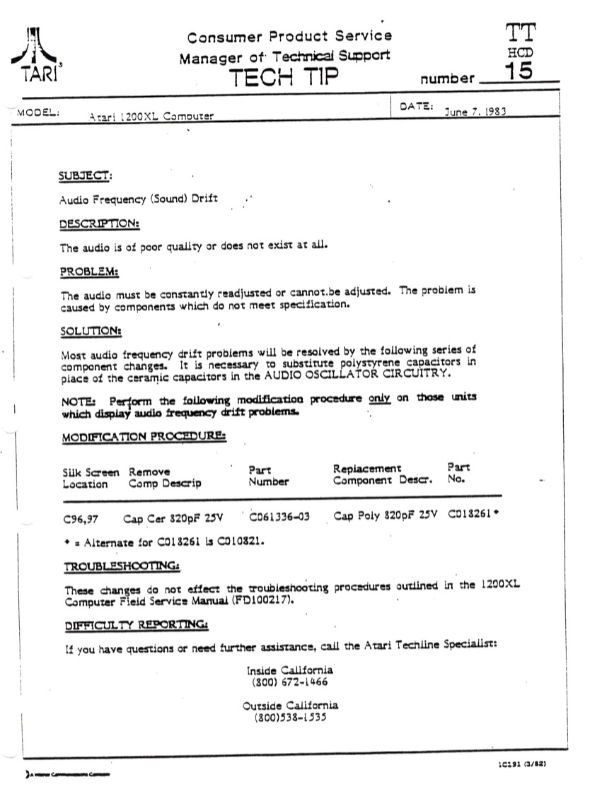 Atari Tech Tip No. 15: Audio Frequency (Sound) Drift (1200XL)