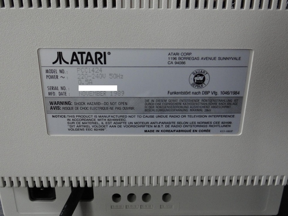 Atari PCC1424: Typenschild